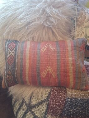Handwoven Striped Lumbar Pillow in Rust and Blue By Loloi